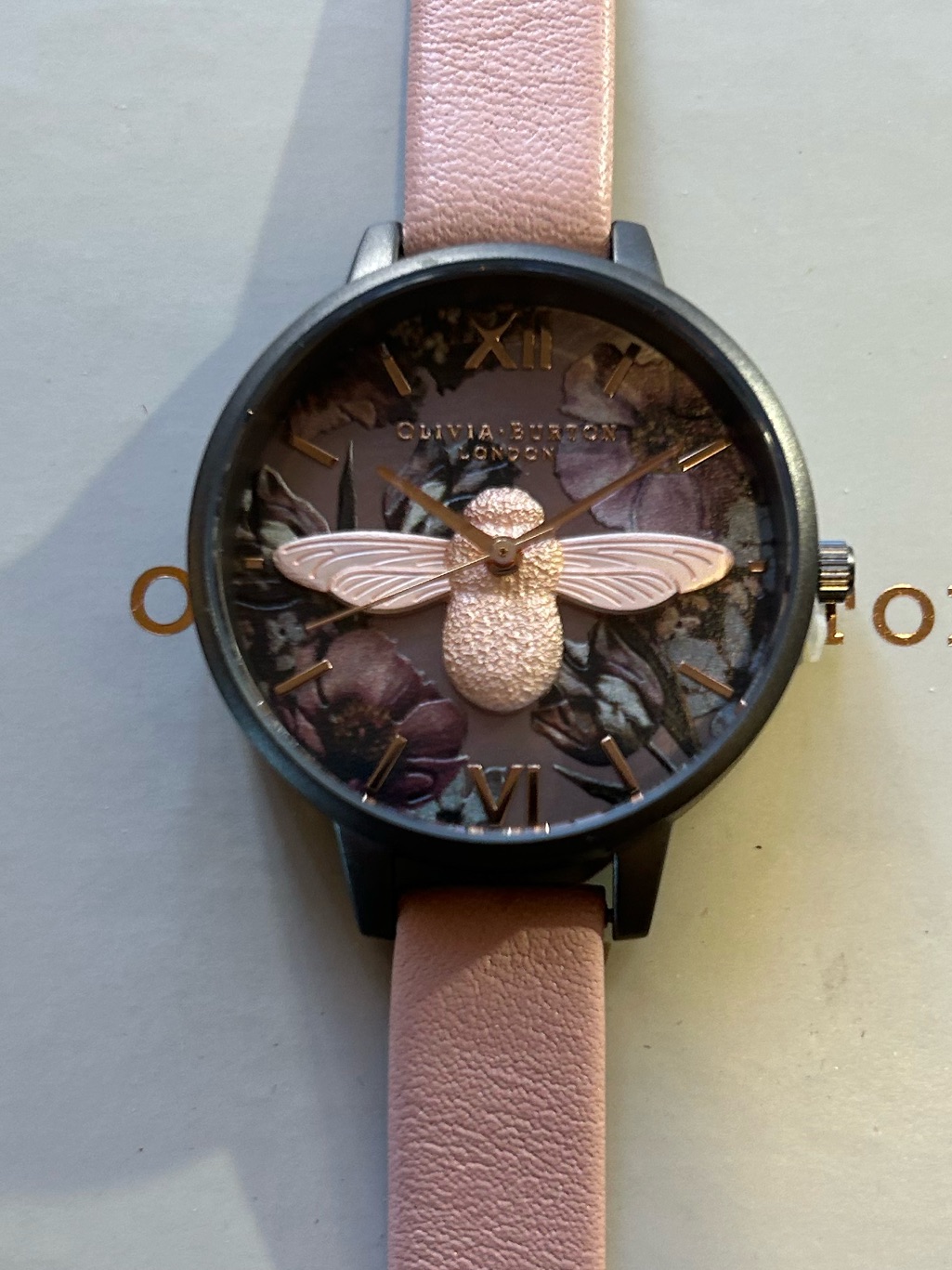 Olivia Burton Watch With 34mm Gunmetal Grey Perl Floral Face With Rosegold 3dbee